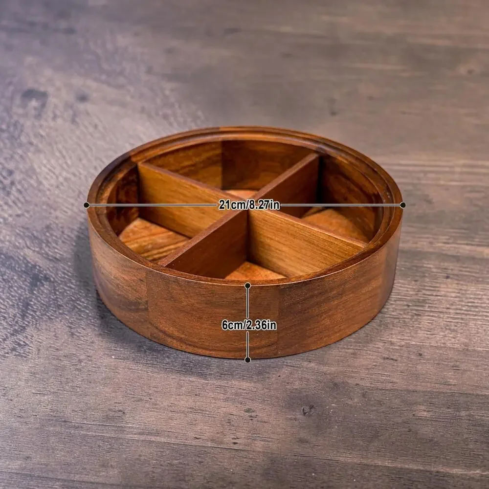 Wood Snack Box Organizer w Glass Lid 4 Compartment Candy Nut Serving Tray